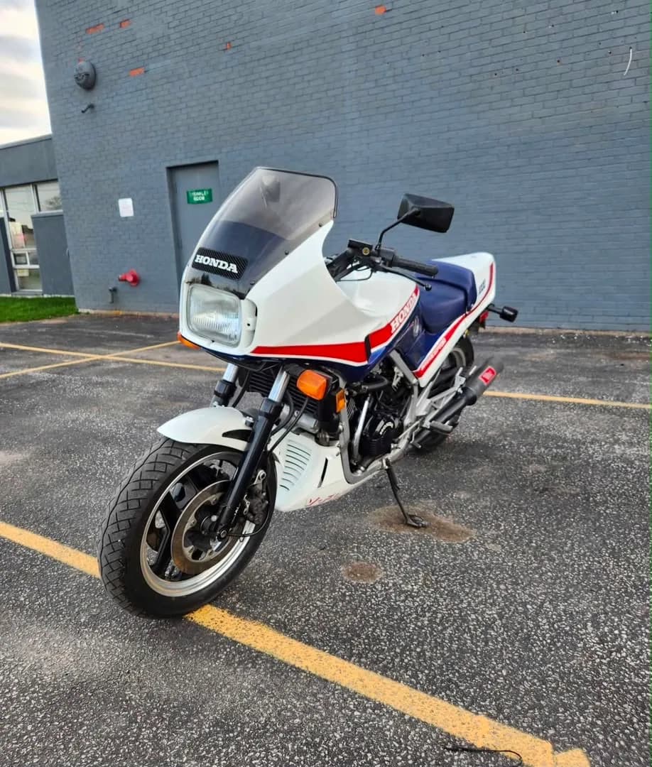 1985 Honda VF1000 in white, red and blue, side view