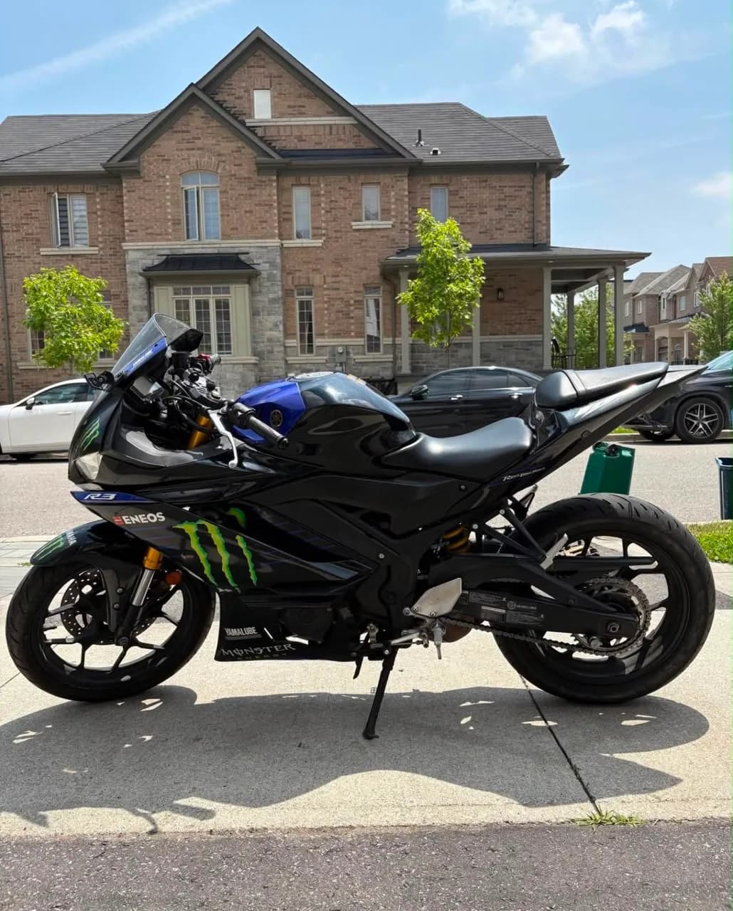 2020 Yamaha R3 in Monster Energy livery, left-hand side profile